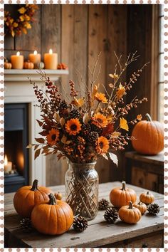 a vase filled with lots of flowers next to pumpkins and pineconuts on a table