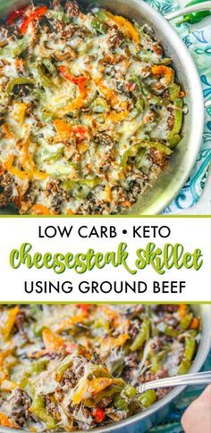 low carb keto cheesesteak skillet using ground beef and green peppers