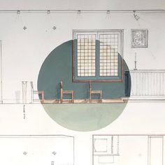 a drawing of a room with two chairs and a table in front of a window