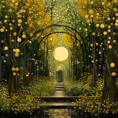 a painting of a forest with lots of trees and yellow flowers