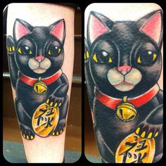 two pictures of black cats with chinese characters on their legs, one has an orange ribbon around its neck and the other has yellow eyes