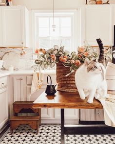 a cat sitting on top of a table next to a basket with flowers in it