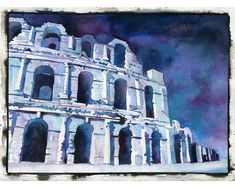 an artistic painting of the colossion in rome, italy with blue and purple hues