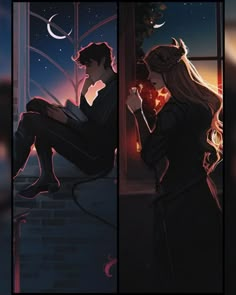 a couple sitting next to each other in front of a window looking at the moon