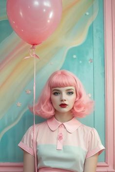 a woman with pink hair is holding a balloon