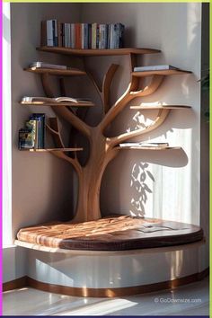 a tree shaped shelf with books on it in the corner of a room next to a window