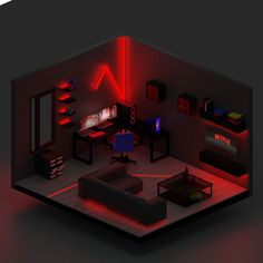 the room is lit up with red lights and black furniture, as well as bookshelves