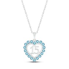 A stunning surprise for the birthday girl, this 10K white gold Quinceañera necklace features a heart with the number 15 at the center. Cool Swiss blue topazes trace the heart, making the necklace an ideal gift for a December birthday. The pendant sways from an 18-inch cable chain that secures with a spring-ring clasp. Quinceañera Necklace, Quinceanera Necklace, Quince Stuff, Number 15, December Birthday, Swiss Blue Topaz, Accessories Jewelry Necklace, Birthday Girl, Quince