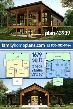 two story house plan with 3 bedroom and 2 bathrooms in the front, an open floor plan