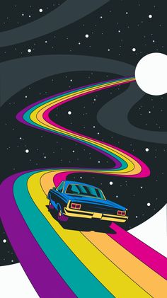 a car driving down a rainbow colored road under a full moon and star filled sky