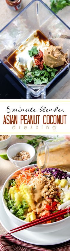 5 Minute Blender Asian Peanut Coconut Dressing is so ridiculously delicious you will want to put it on everything! #dressing #salad #peanut #Asian Dairy Replacements, Peanut Butter Dressing, Coconut Dressing, Popular Everything, Butter Dressing, Blendtec Recipes, Dressing Salad, Thai Salad, Carlsbad Cravings