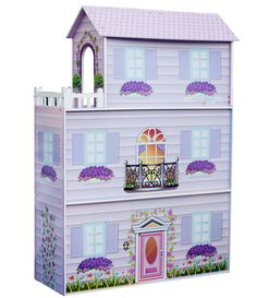 the doll house is painted pink and purple