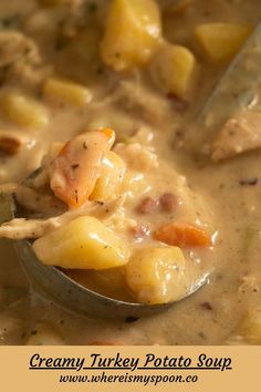 a spoon full of creamy turkey potato soup