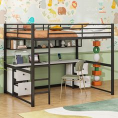 a bunk bed with desk underneath it in a child's room