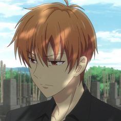 an anime character with red hair and black shirt