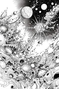 an abstract black and white drawing with bubbles, stars and planets in the sky above