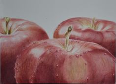 three red apples with water droplets on them are shown in this drawing by an artist