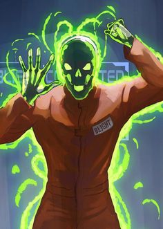 a man with green neon lights on his face and hands in front of him,