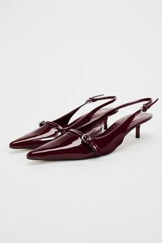 SLINGBACK BUCKLE SHOES - Burgundy Red | ZARA United States Cherry Red Kitten Heels, Cherry Core, Red Kitten Heels, Clothing Board, Heels Designer, Slingback Shoes, Cardigan Sweater Jacket, Buckle Shoes, Womens Mules