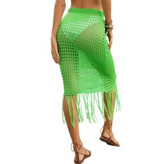 Green Hollow-out Tasseled Beach Cover Skirt Skirt Swimwear, Swimwear Beach, Beach Covers, Skirt, Green