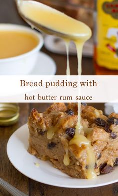 bread pudding with hot butter rum sauce being drizzled over it on a plate