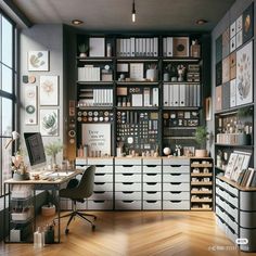 an office with lots of shelves and drawers