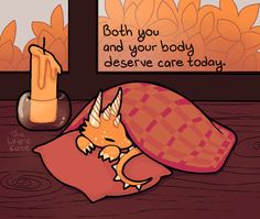 an illustration of a fox sleeping on a pillow next to a candle