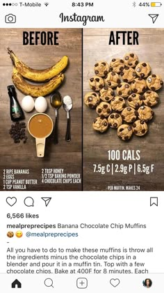 an image of the before and afters of eating chocolate chip muffins with bananas