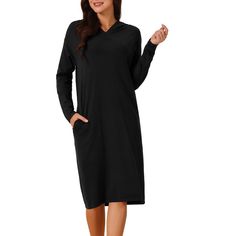 Seta T Women's Hoodie Dress Casual Pullover Sweater Long Sleeve Sweatshirts Midi Dress with Pocket is a versatile piece perfect for various occasions. The fashion style includes long sleeves, pullover design, and convenient pockets, making it a must-have in women's wardrobes. The slim fit hoodie dress features a round neck and offers a classic yet trendy look. Made from a blend of 42% Viscose, 34% Nylon, and 24% Polyester, it provides a comfortable and stretchy fit. Ideal for spring, fall, and w Midi Casual Dress, Slim Fit Hoodie, Flowy Dress Long, Casual Pullover Sweater, Denim Maxi Dress, T Dress, Midi Dress Casual, Pullover Designs, Long Sleeve Midi