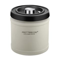 a white container with a black lid on a white background and the words pretidecor printed on it