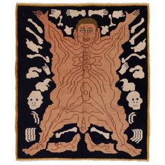 a rug with an image of a man surrounded by skulls and bones on black ground