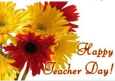 a bouquet of yellow and red flowers with the words happy teacher day