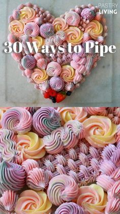 two pictures with the words 30 ways to pipe on them and an image of some cupcakes in the shape of a heart