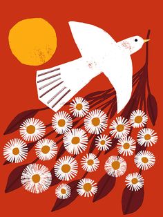 a white bird flying over a bunch of flowers with the sun in the sky behind it