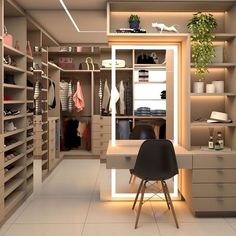 the closet is full of shoes and other items, including a desk with a chair