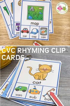 the cvc rhyming clip cards are on display