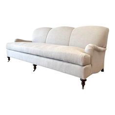 Beautiful english arm sofa is upholstered in a natural Belgian Linen, with down cloud cushions. Hardwood frame, no sag, foam, cotton, and poly fill. Hand-crafted in the USA Espresso legs, and brass casters Size: 86”w x 40”d x 35”hSH: 19”. SD:26” English Arm Sofa, Florence Knoll Sofa, American Sofa, English Roll Arm Sofa, Contemporary Pillows, Rolled Arm Sofa, Classic Sofa, Linen Sofa, Custom Sofa