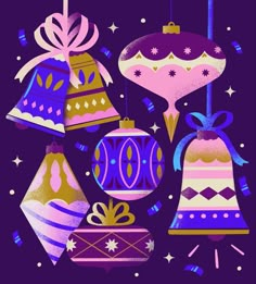 colorful christmas ornaments hanging from strings and bows on a purple background with confetti