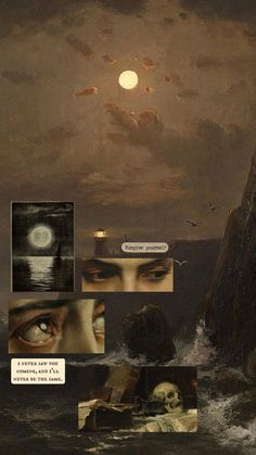 an image of a painting with many different pictures and words on it, including the moon