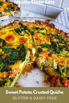 a quiche with spinach, tomatoes and cheese is shown on a plate next to the words sweet potato crusted quiche gluchen