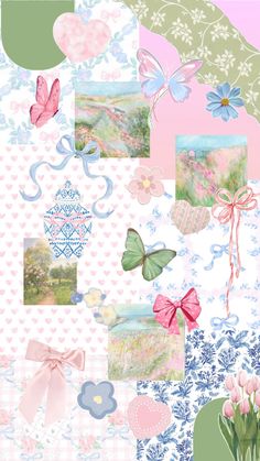 a collage with flowers, butterflies and pictures on it's side in pastel colors