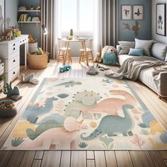 a child's room with blue walls and wooden floors, decorated in pastel colors