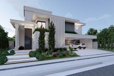 an artist's rendering of a modern house with trees and bushes on the front