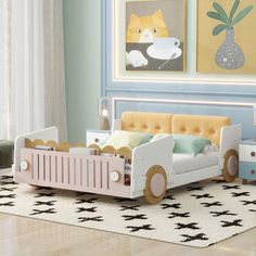 a child's bedroom with a toy car bed