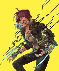 a drawing of a woman with pink hair and sci - fi garb holding two swords