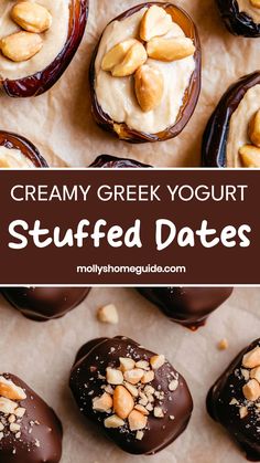 chocolate covered desserts with nuts on top and the words creamy greek yogurt stuffed dates