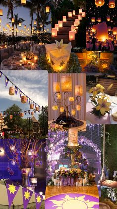 a collage of photos with lights and decorations on them, including lanterns in the shape of flowers