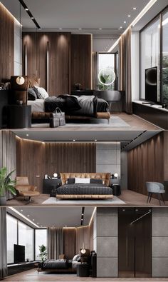 the interior of a modern apartment with wood paneling