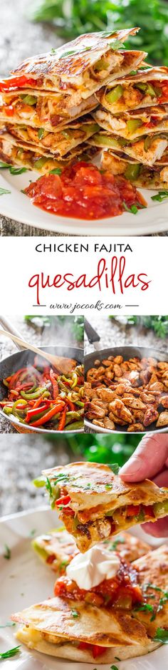 chicken fajita quesadillas on a plate with sauce and garnishes