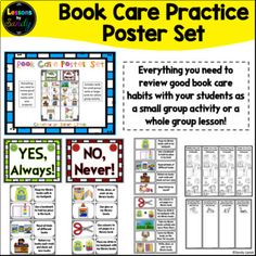 the book care practice poster set with pictures and instructions for each student's needs